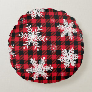 Snowflakes & Buffalo Plaid: Winter Charm Round Pillow