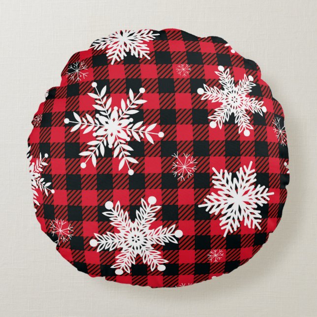 Snowflakes & Buffalo Plaid: Winter Charm Round Pillow (Front)