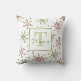 Snowflakes Calligraphy Monogram Colorful Modern Throw Pillow
