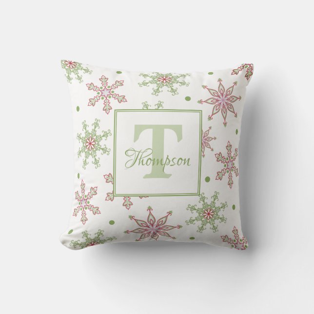Snowflakes Calligraphy Monogram Colorful Modern Throw Pillow (Front)