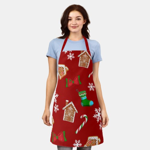 Snowflakes Candy Cane Red Christmas Pattern Apron