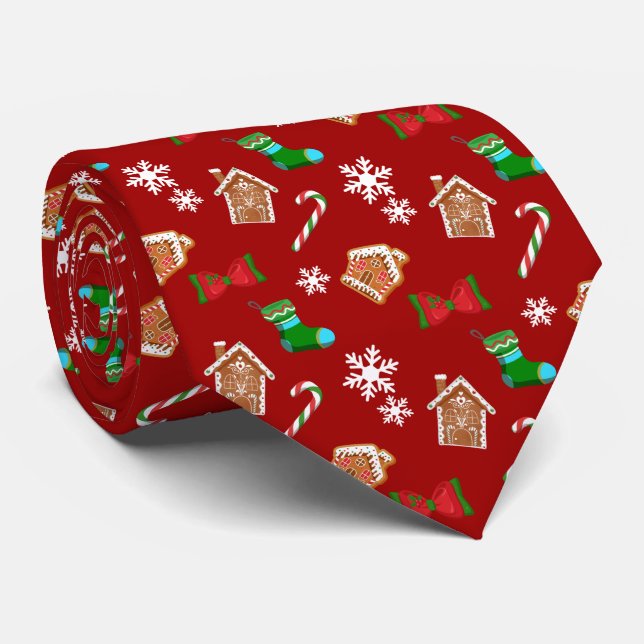 Snowflakes Candy Cane Red Christmas Pattern Neck Tie (Rolled)
