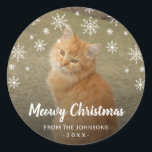 Snowflakes Cat Photo Cute Meowy Christmas Classic Round Sticker<br><div class="desc">Cute Christmas gift label sticker featuring a simple design with snowflakes surrounding your favorite photo of your cat.  The bottom has the greeting "Meowy Christmas" in a modern chalk script along with your family name and the year.</div>