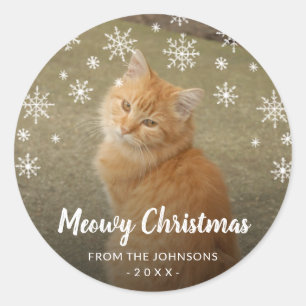 Snowflakes Cat Photo Cute Meowy Christmas Classic Round Sticker