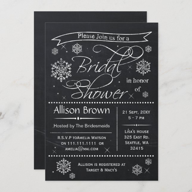 snowflakes Chalkboard Bridal shower Invitations (Front/Back)