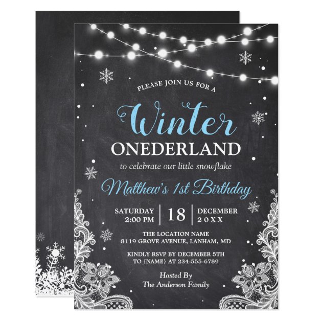 Snowflakes Chalkboard Lace Baby Boy First Birthday Invitation