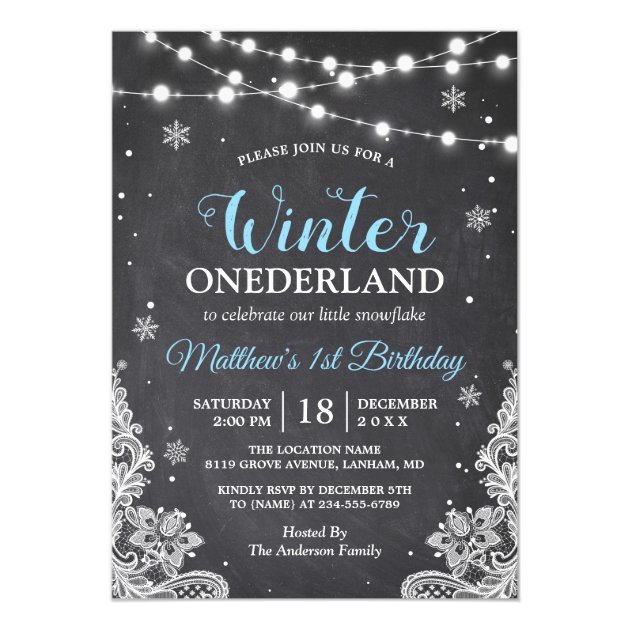Snowflakes Chalkboard Lace Baby Boy First Birthday Invitation