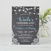 Snowflakes Chalkboard Lace Baby Boy First Birthday Invitation (Standing Front)