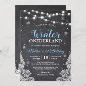 Snowflakes Chalkboard Lace Baby Boy First Birthday Invitation (Front/Back)