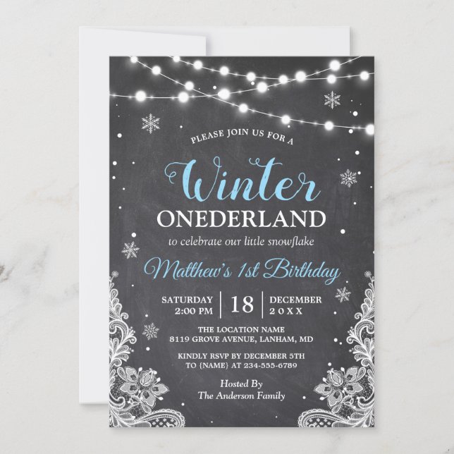 Snowflakes Chalkboard Lace Baby Boy First Birthday Invitation (Front)