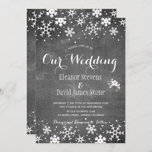 Snowflakes chalkboard winter rustic wedding invitation