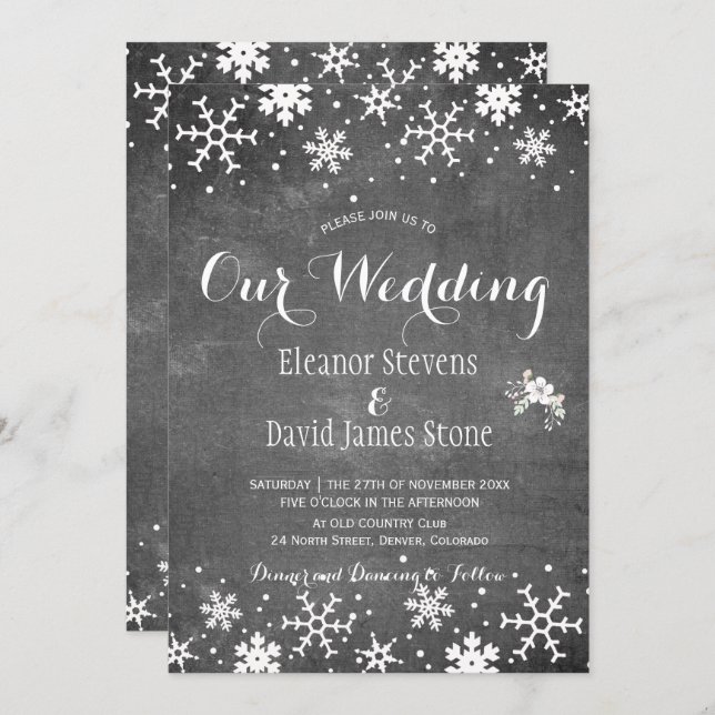 Snowflakes chalkboard winter rustic wedding invitation (Front/Back)