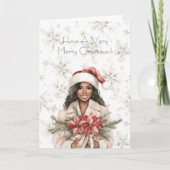 Snowflakes Christmas Black Woman Poinsettia Floral Card (Front)