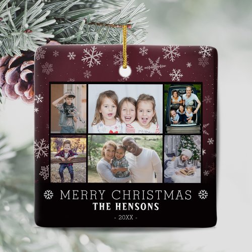 Snowflakes Christmas Family 6 Photo Collage  Ceramic Ornament