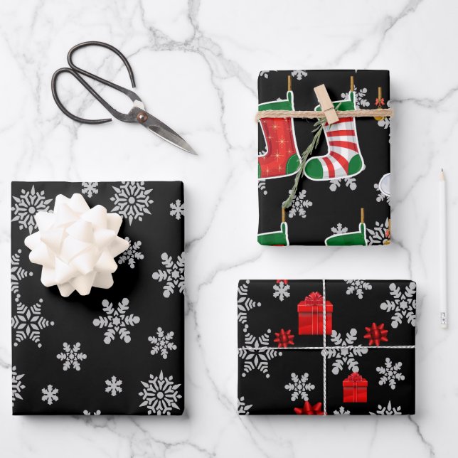 Snowflakes Christmas Gifts Stockings And Bows Wrapping Paper Sheets (Front)