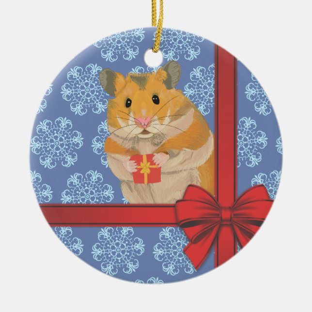Snowflakes Christmas Hamster Ceramic Ornament (Front)