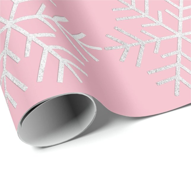 Snowflakes Christmas Holiday Pink White Gray Merry Wrapping Paper (Roll Corner)