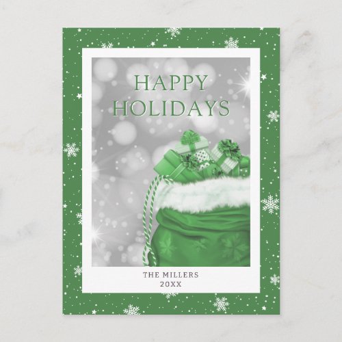 Snowflakes Christmas Presents Green Holiday Postcard