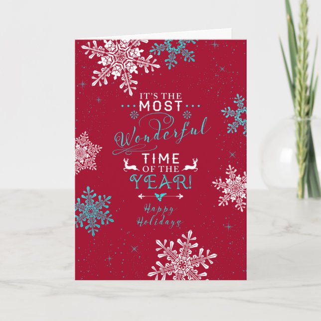 Snowflakes Christmas Red Turquoise Most Wonderful Holiday Card (Front)