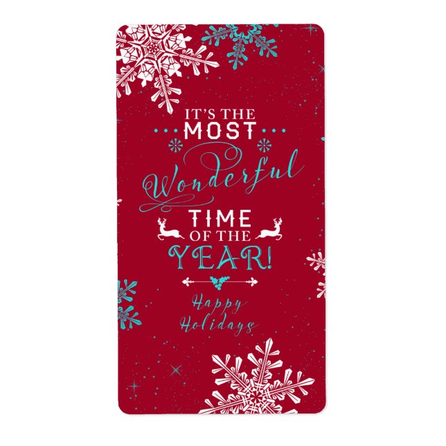 Snowflakes Christmas Red Turquoise Wonderful Time Label (Front)
