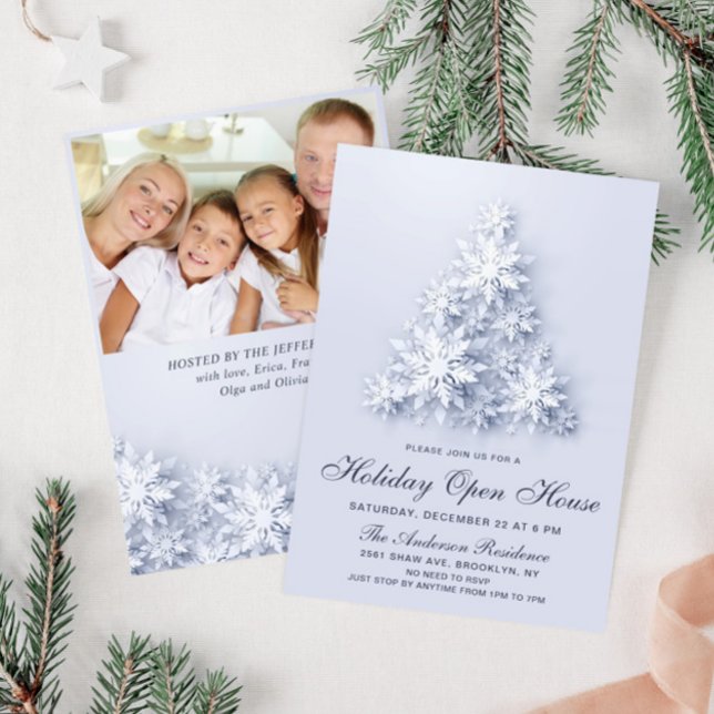 Snowflakes Christmas Tree Holiday Open House Invitation (Creator Uploaded)