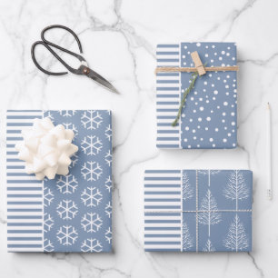 Snowflakes, Christmas trees and stripes dusty blue Wrapping Paper Sheets
