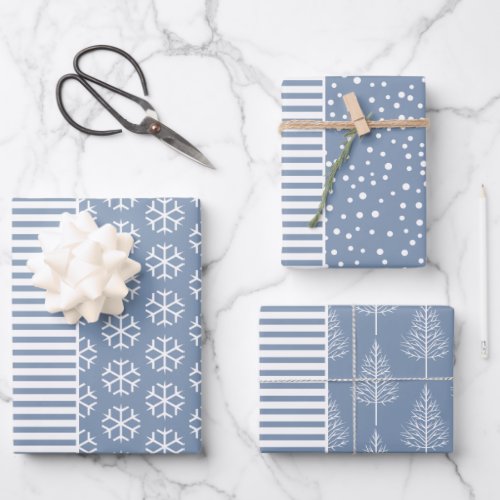 Snowflakes Christmas trees and stripes dusty blue Wrapping Paper Sheets