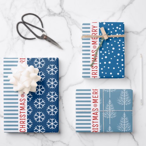 Snowflakes Christmas trees blue stripes red Wrapping Paper Sheets