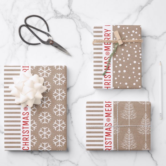 Snowflakes, Christmas trees, brown kraft stripes Wrapping Paper Sheets (Front)