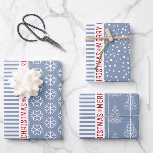 Snowflakes Christmas trees dusty blue stripes red Wrapping Paper Sheets