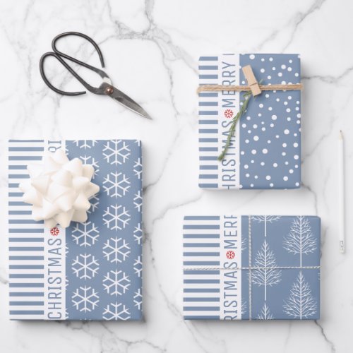 Snowflakes Christmas trees dusty blue stripes Wrapping Paper Sheets