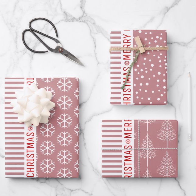 Snowflakes, Christmas trees dusty rose stripes red Wrapping Paper Sheets (Front)