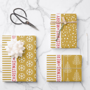 Snowflakes, Christmas trees gold stripes red Wrapping Paper Sheets