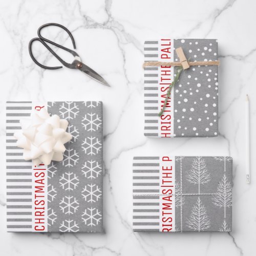 Snowflakes Christmas trees gray kraft stripes Wrapping Paper Sheets