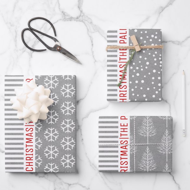 Snowflakes, Christmas trees, gray kraft stripes Wrapping Paper Sheets (Front)