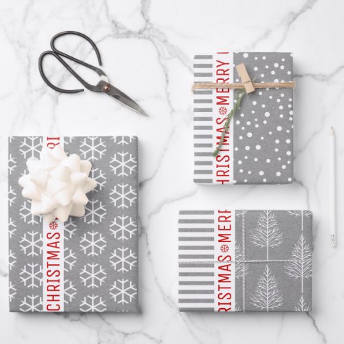 Snowflakes Christmas trees gray kraft stripes Wrapping Paper Sheets