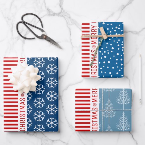 Snowflakes Christmas trees red stripes blue Wrapping Paper Sheets