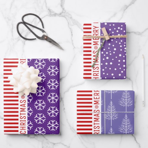Snowflakes Christmas trees red stripes blue Wrapping Paper Sheets