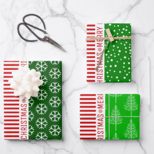 Snowflakes, Christmas trees red stripes green Wrapping Paper Sheets