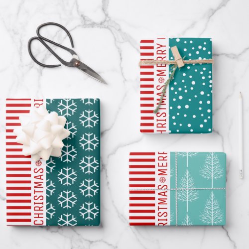 Snowflakes Christmas trees red stripes teal blue Wrapping Paper Sheets