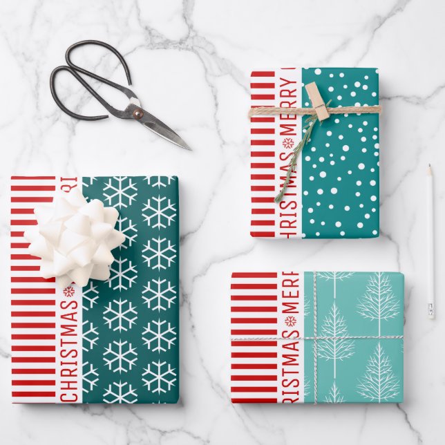Snowflakes, Christmas trees red stripes teal blue Wrapping Paper Sheets (Front)