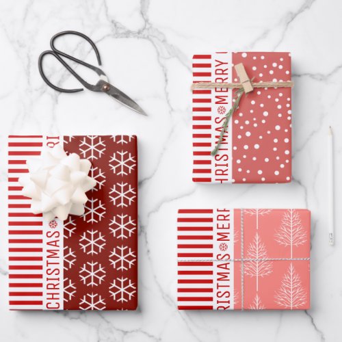 Snowflakes Christmas trees stripes three tone red Wrapping Paper Sheets