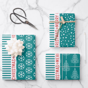 Snowflakes, Christmas trees teal blue stripes red Wrapping Paper Sheets