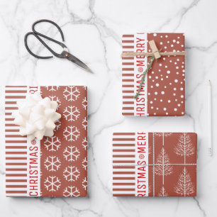 Snowflakes, Christmas trees terracotta stripes red Wrapping Paper Sheets