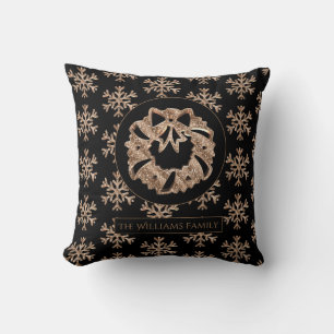 Snowflakes Christmas Wreath Elegant Black and Gold Throw Pillow