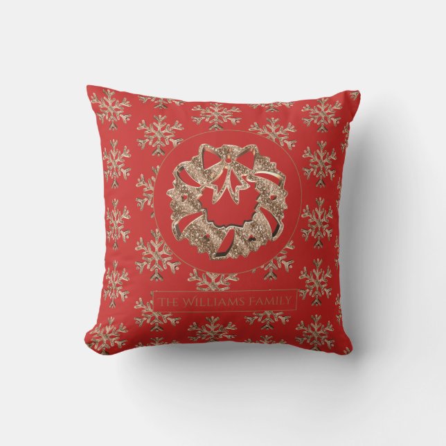 Snowflakes Christmas Wreath Elegant Red and Gold Throw Pillow (Front)