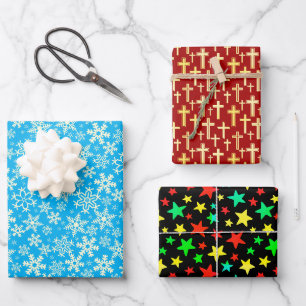 Snowflakes, Colorful Stars, Cross modern elegant Wrapping Paper Sheets