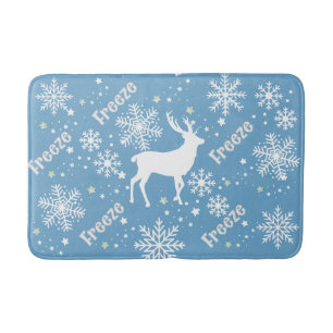snowflakes deer blue bath mat