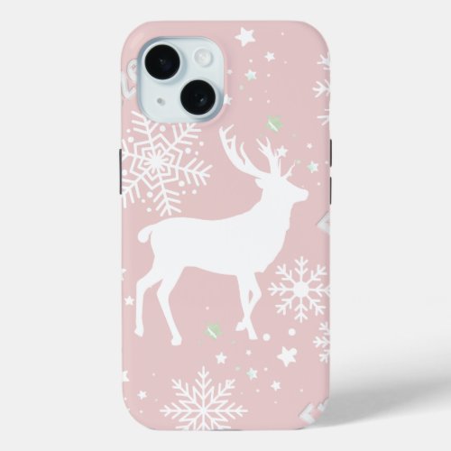 snowflakes deer Blush Pink  iPhone 15 Case