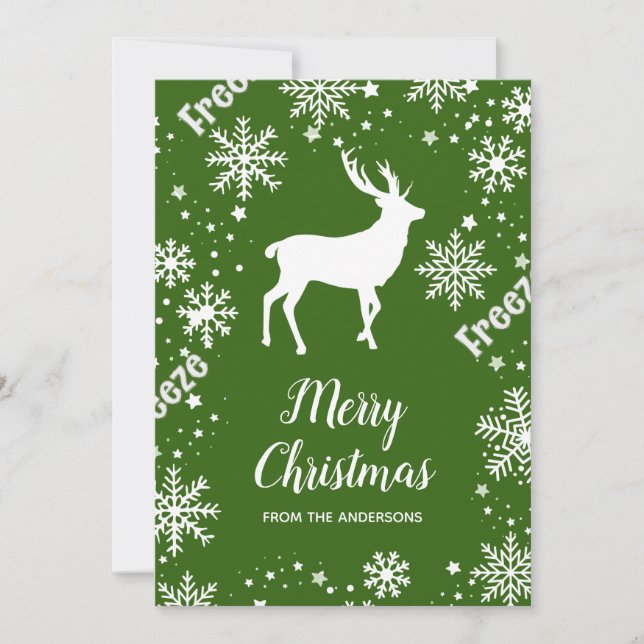Snowflakes deer green Christmas Holiday Card (Front)